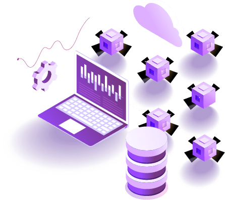 Cloud computing illustration with laptop, servers, and data storage. Sahara Net