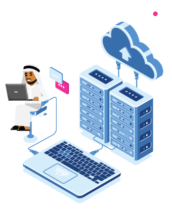 Isometric illustration depicting a colocation service setup, featuring server racks, a laptop for management, and a person in traditional Saudi attire working on the system, indicating local support or management within a colocation facility.