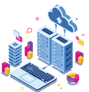 Isometric illustration of a hybrid cloud infrastructure, possibly representing Nutanix. It features an on-premises setup with server racks, a laptop interface, and abstract data visualizations, alongside a cloud symbol with an upload arrow, signifying data transfer and integration between local and cloud environments.