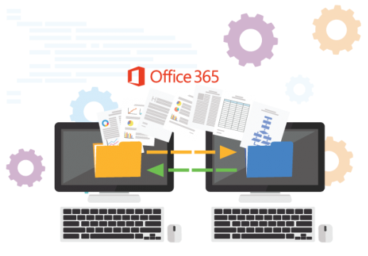 Illustration representing Exchange as a Service within Office 365. Two desktop computers are shown exchanging documents and data, symbolized by flying papers and arrows, under the Office 365 logo. Cogwheels in the background suggest the underlying technology and processes involved in this cloud-based email and collaboration service.