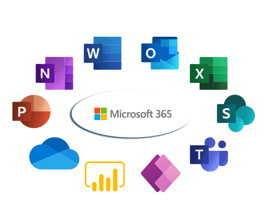 The image displays the Microsoft 365 logo at the center, surrounded by the logos of various Microsoft applications and services, including Word (W), Outlook (O), Excel (X), SharePoint (S), Teams (T), OneNote (N), PowerPoint (P), OneDrive (cloud icon), Forms (represented by a chart icon), and Dynamics 365 (represented by a geometric shape). This arrangement visually represents the integrated suite of productivity and cloud services offered under the Microsoft 365 umbrella.