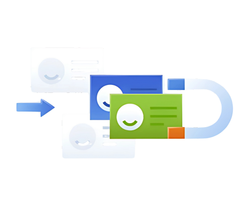 Illustration for "Advanced File Sync and Share." A magnet is attracting stylized file icons of different colors, suggesting a system that efficiently gathers and synchronizes files. An arrow pointing towards the files indicates a pull or collection process.