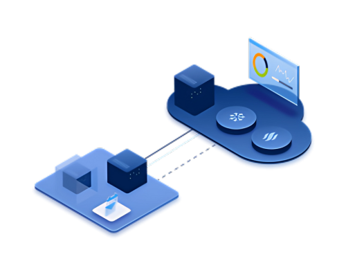 Isometric illustration representing "Advanced Disaster Recovery." The image depicts interconnected server nodes, a monitoring dashboard displaying a graph with circular gauges, and abstract data flow lines, suggesting a sophisticated system for data backup, replication, and recovery in case of a disruption.