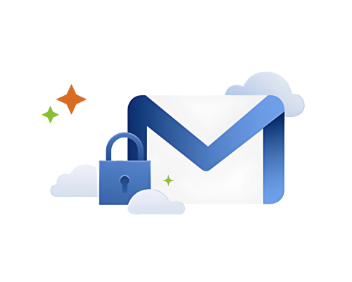 Illustration for "Advanced Email Security," featuring a stylized Gmail "M" logo, a prominent blue padlock, and cloud icons, suggesting secure and protected email services within a cloud environment. Small star shapes add a visual element, possibly indicating quality or advanced features.