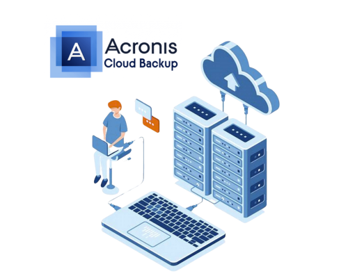 Isometric illustration depicting Acronis Cloud Backup. The image features a person working on a laptop, with data flowing to server stacks and a stylized cloud, representing data backup to a remote server. The Acronis logo is also present.