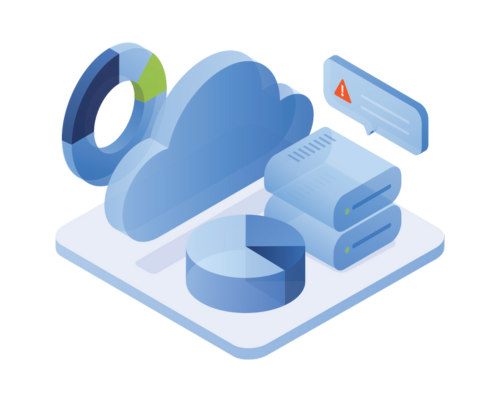 Isometric illustration representing "Advanced Data Loss Prevention (DLP)." The image features a cloud icon, server stacks with a warning notification, and pie chart visualizations, suggesting a system that monitors and protects data within a cloud environment, providing alerts for potential data loss incidents.
